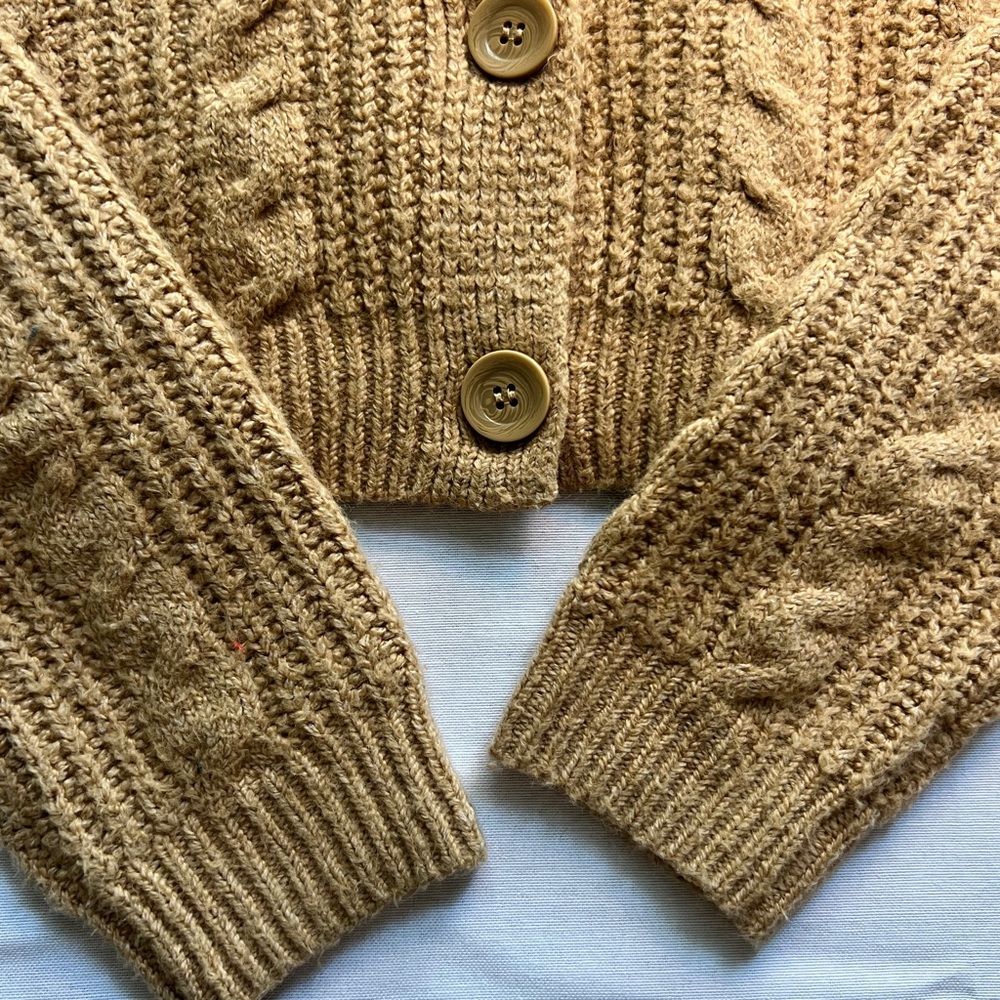 Open Edit Nordstrom Women's Tan Camel Cable Knit Crop Cardigan Sweater - Picture 4 of 7